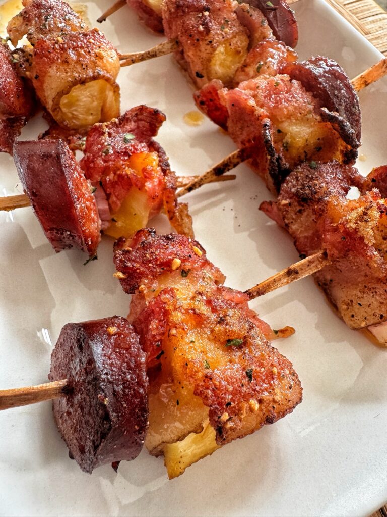 A close up of the finished skewers