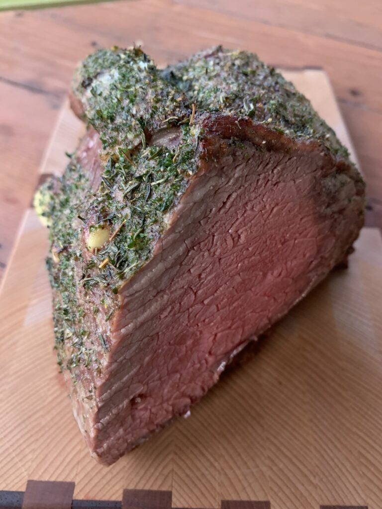 An herb crusted, roast beef