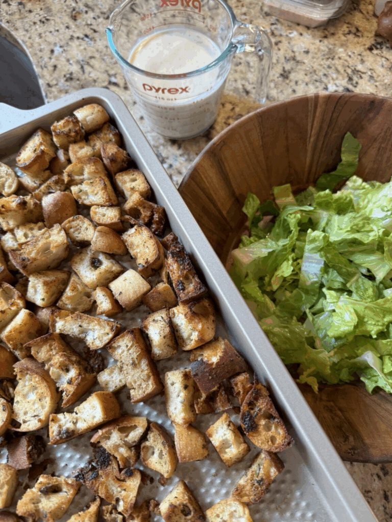 Croutons next to the salad