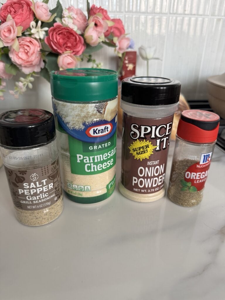 Grill seasoning, Parmesan cheese, onion powder, and oregano