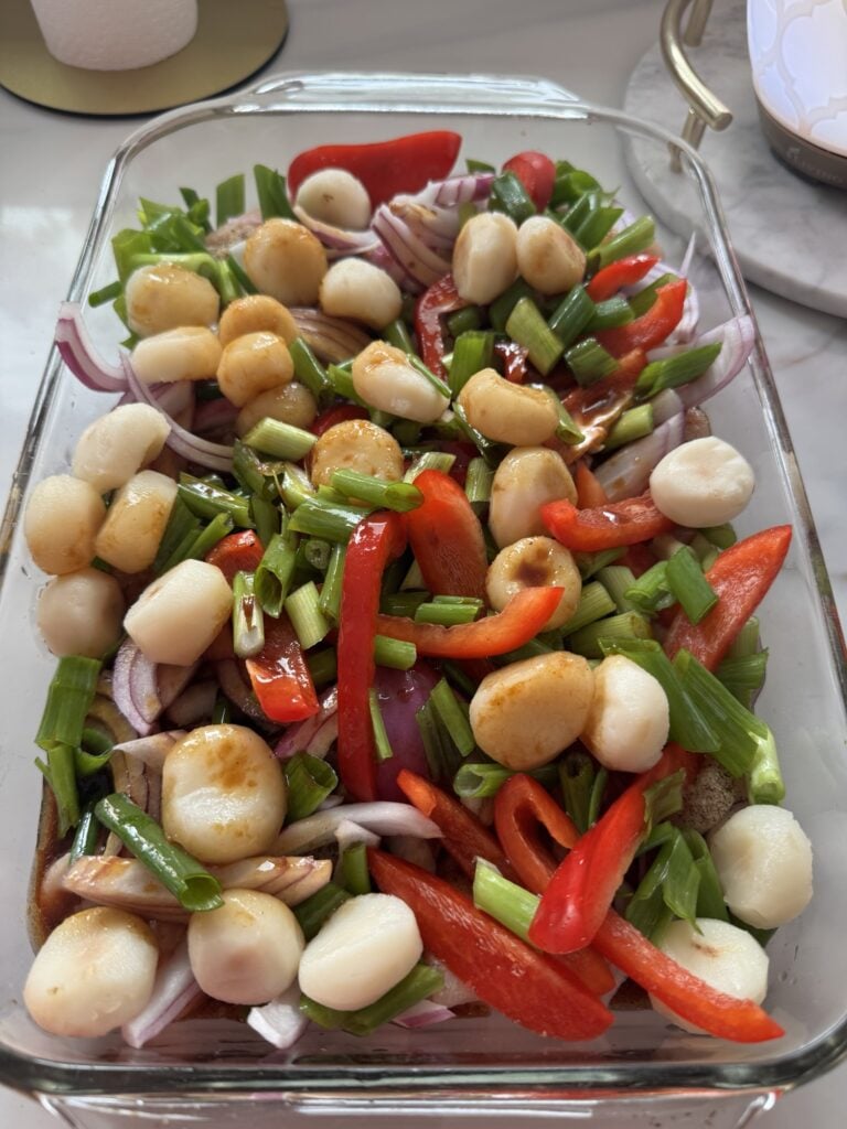 Water chestnuts over the veggies and chicken