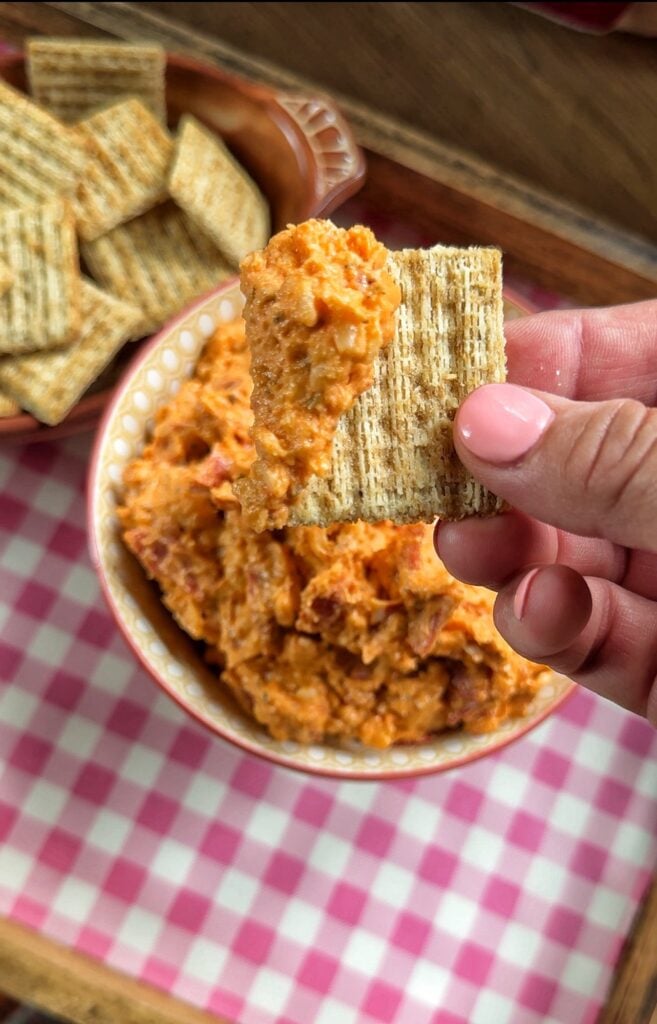 Pepperoni Pizza Cheese Dip on a Triscuit