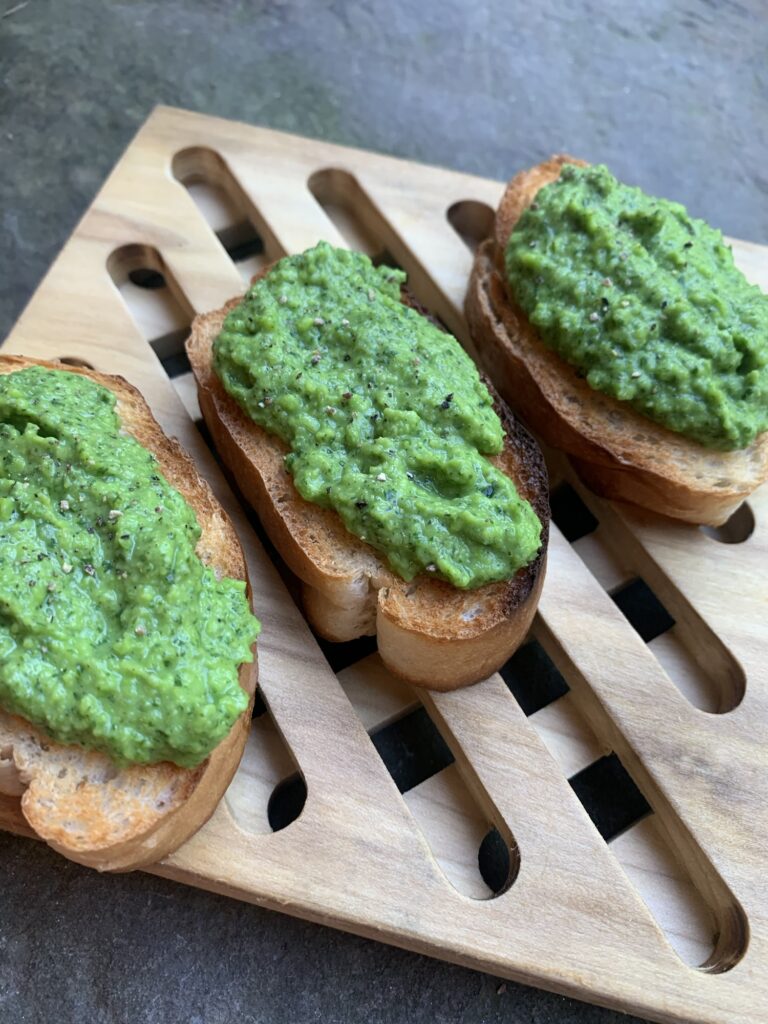 Three of the finished pea bruschettas 