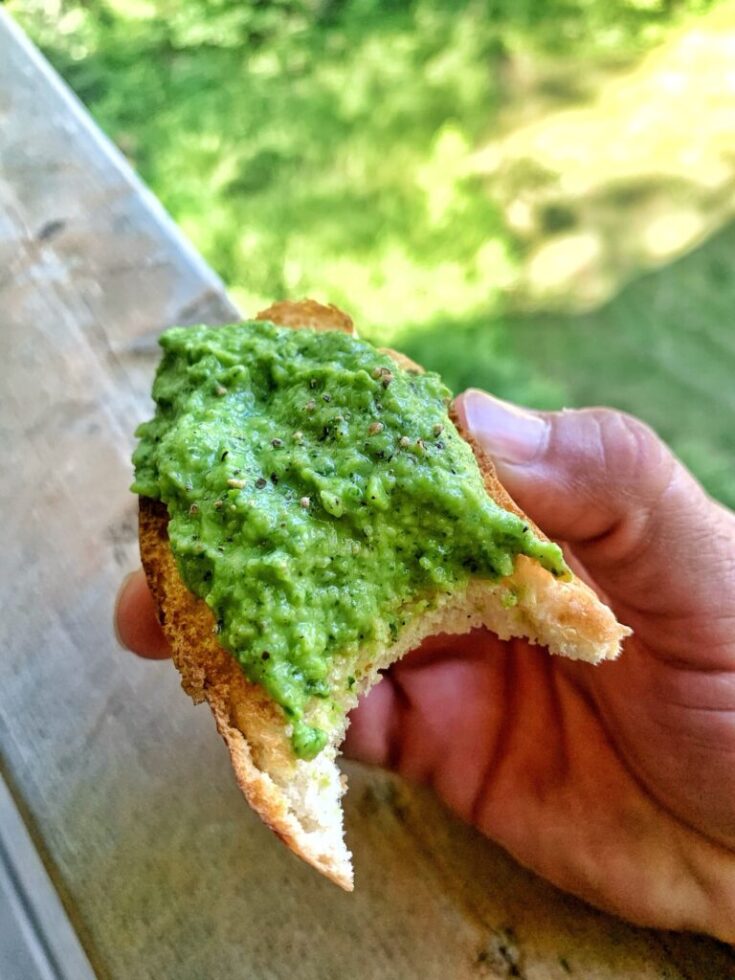 Pea Bruschetta with a bite out of it