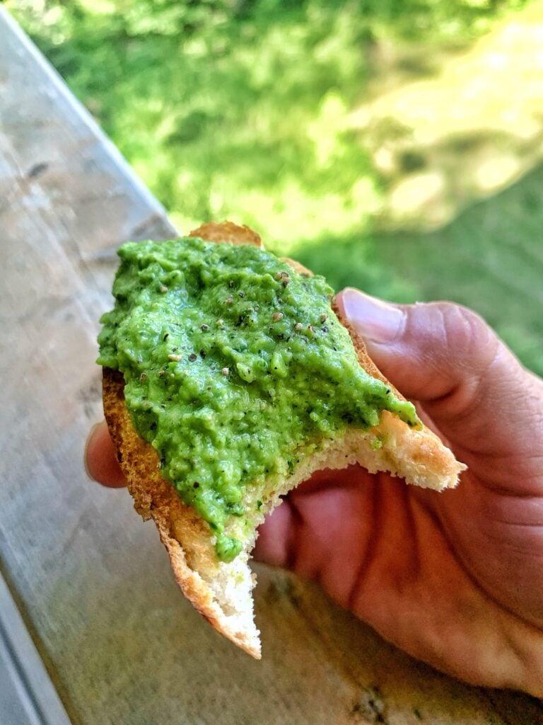 Pea Bruschetta with a bite out of it
