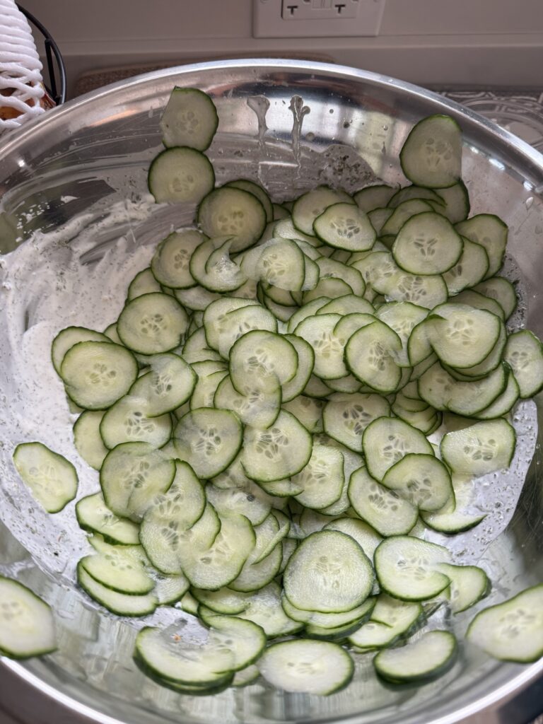 Sliced cucumbers on top of the dressing