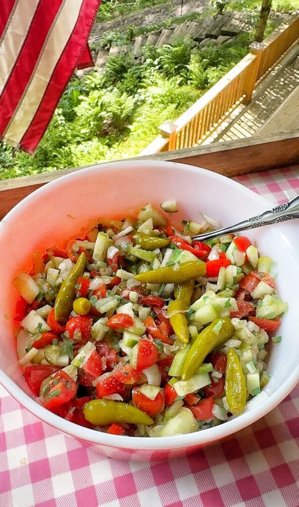 A bowl of Chicago hot dog topping