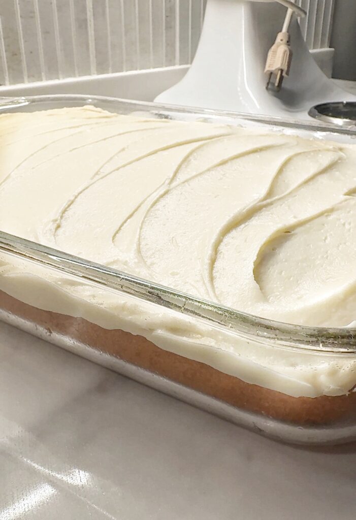 The finished cake before sprinkles are added