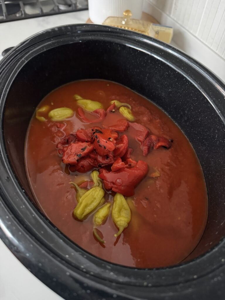 Peppers and pepperoncinis in a slow cooker